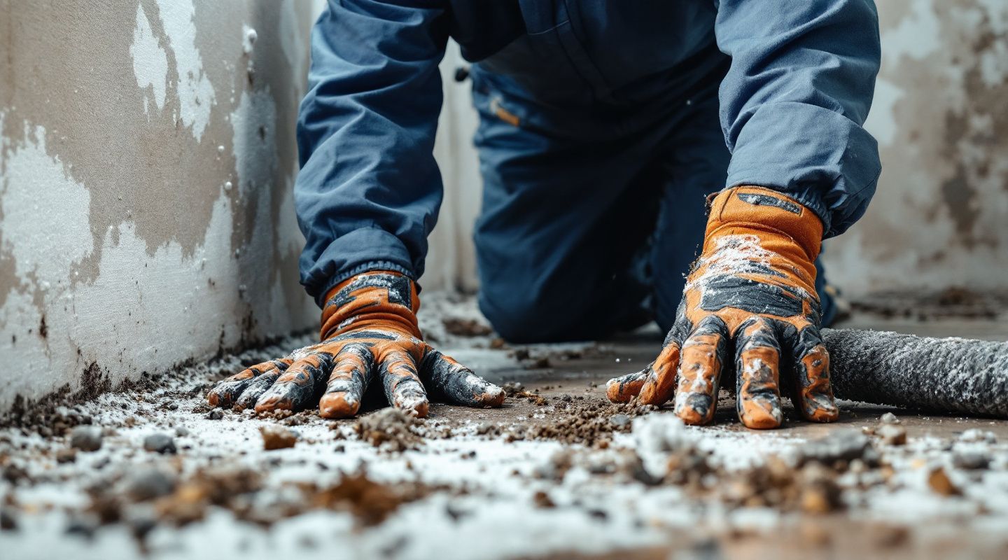 An unfinished basement with concrete foundation walls, wooden ceiling joists, and professional yellow air scrubbing equipment running on the floor.